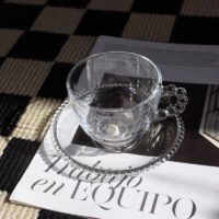 Raindrop Beads Handle Clear Glass Coffee Cup and Saucer