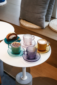 Textured Colored Glass Coffee Cups and Saucer